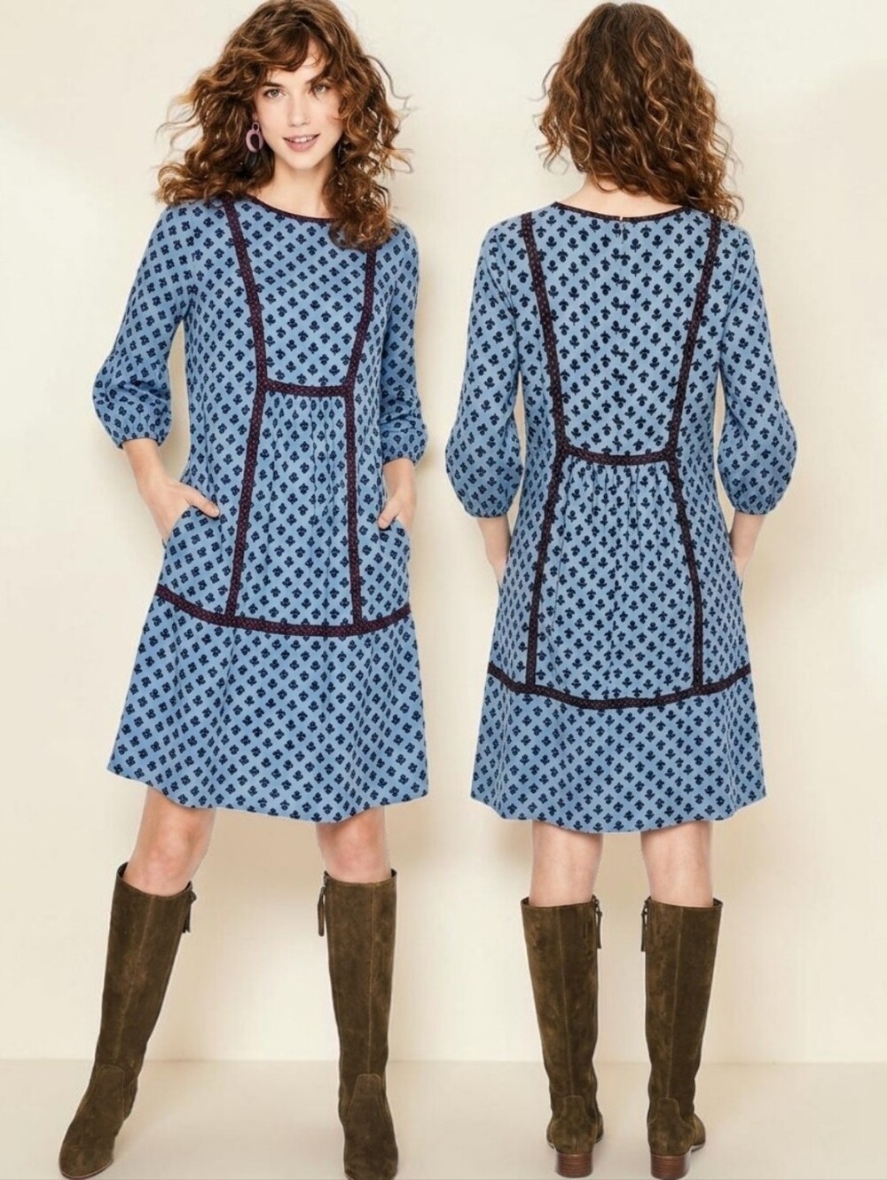 BODEN Luna Heritage Blue Bud Geometric Print Shift Dress - Size 8